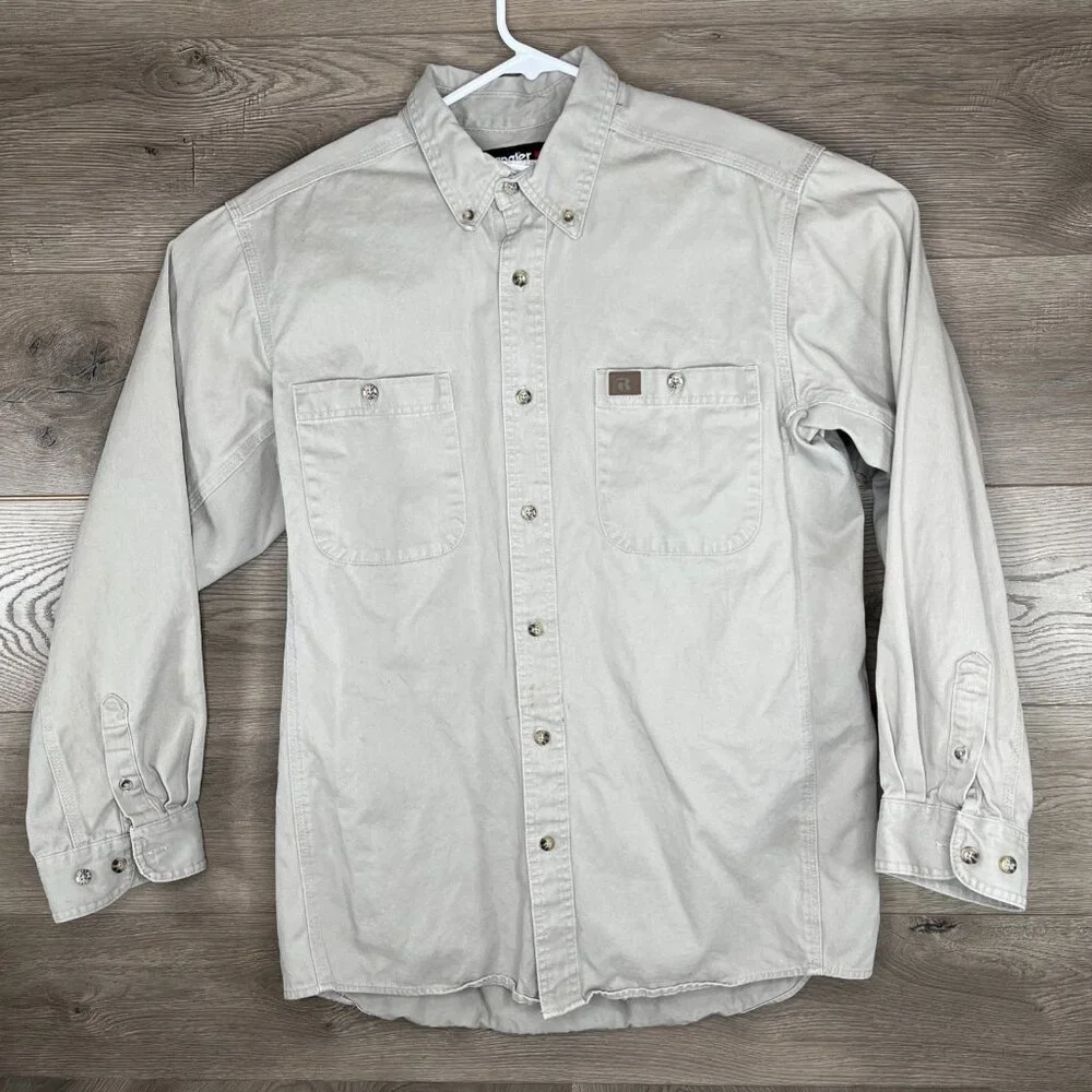 Wrangler Riggs Workwear Button Down Shirt Mens Lg Button Up Pocket Taupe Khaki - Picture 2 of 11
